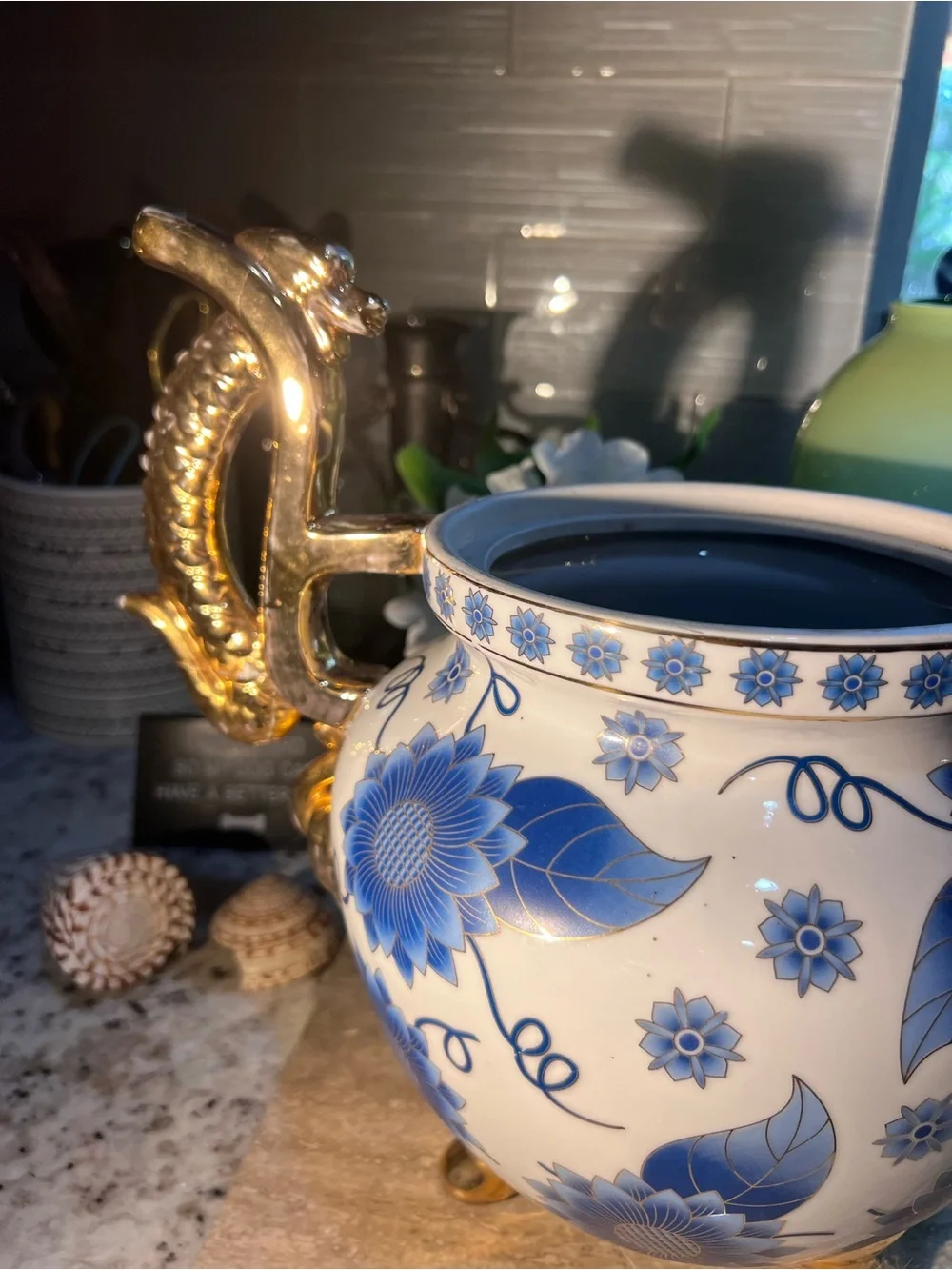 Blue Floral Porcelain Urn with Gold Dragon Handles